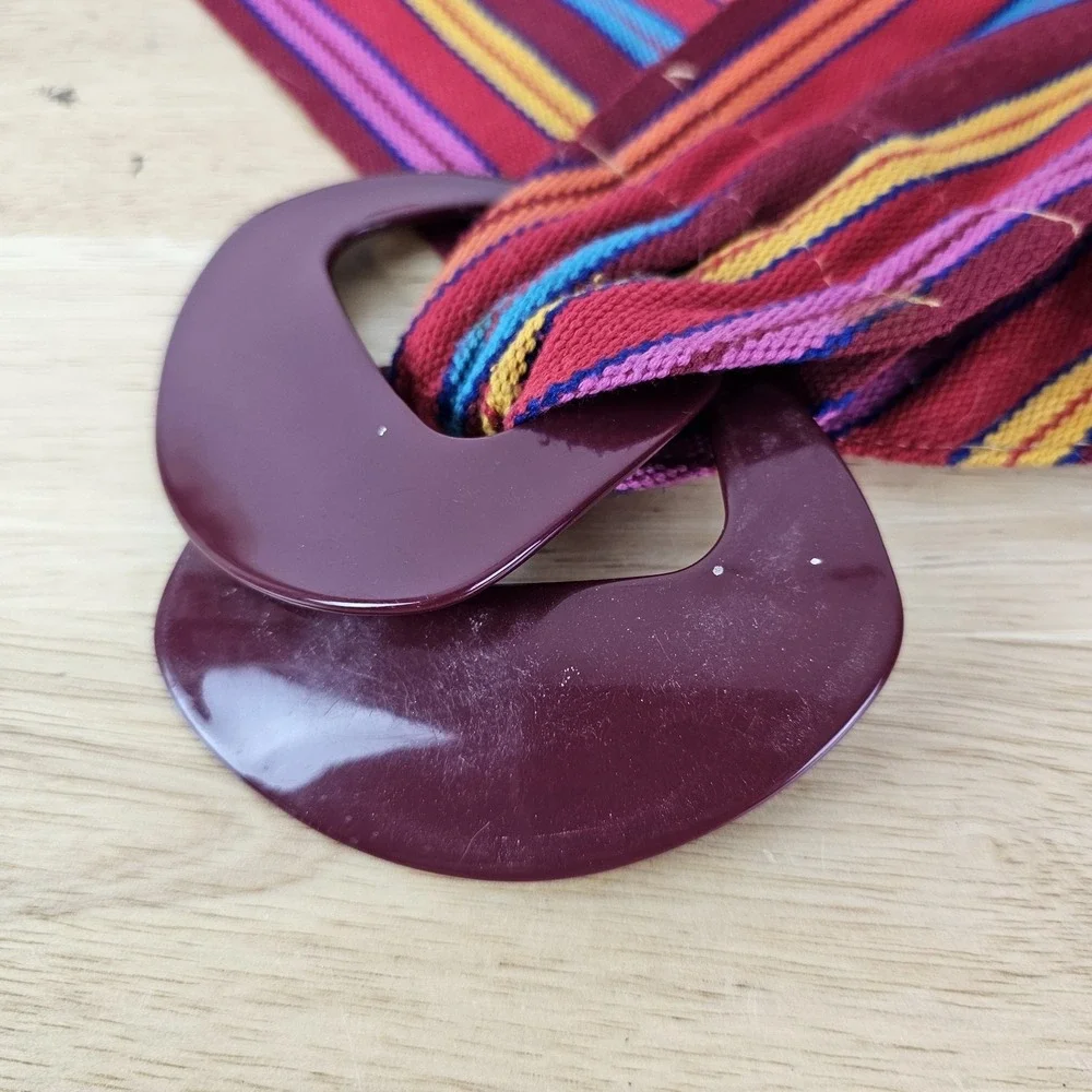 Vintage Rainbow Stripe‎ Fabric Belt Red Round Double Buckle Cotton Boho One Size